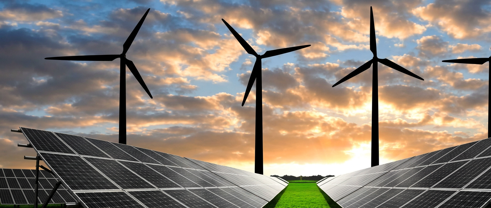 Wind turbines and solar panels representing renewable energy in Costa Rica